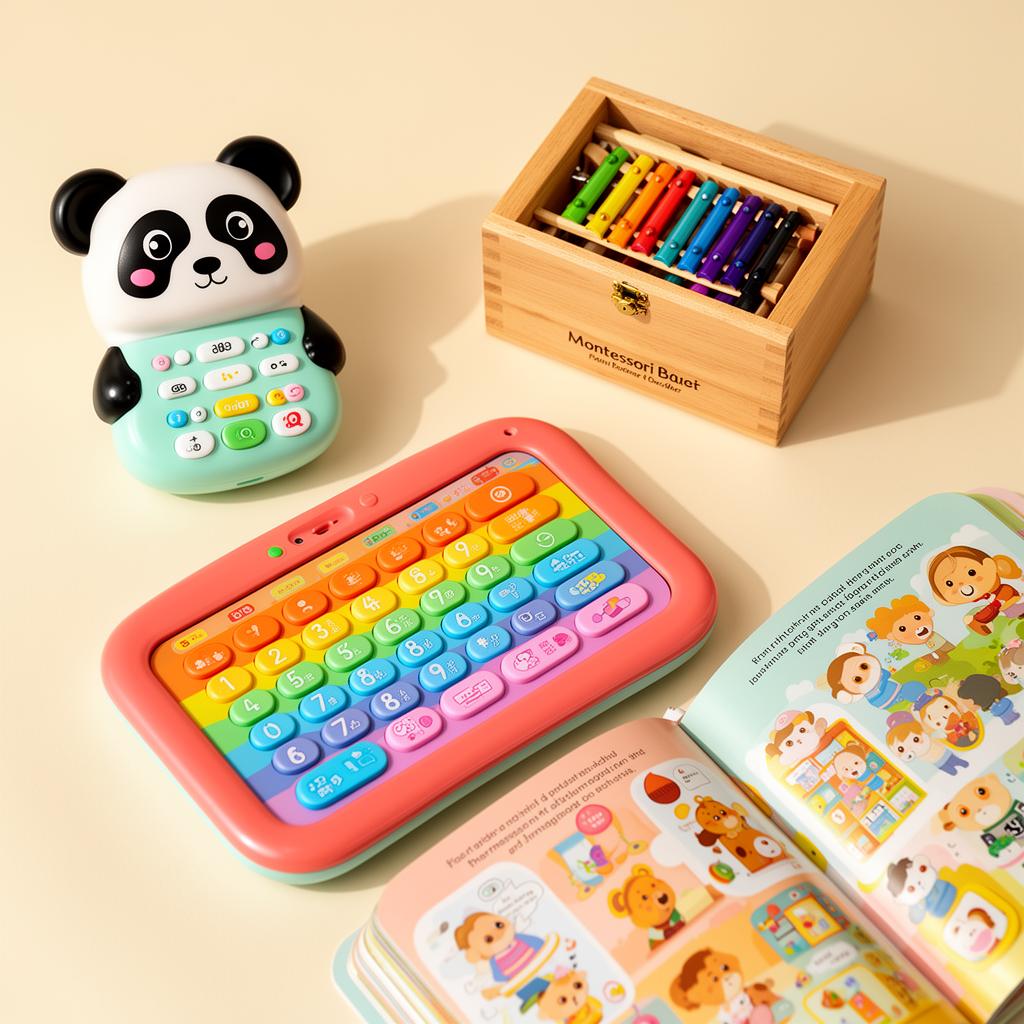 Colorful collection of premium educational audio toys: panda audio phone, rainbow learning tablet, wooden Montessori music box, and interactive sound book